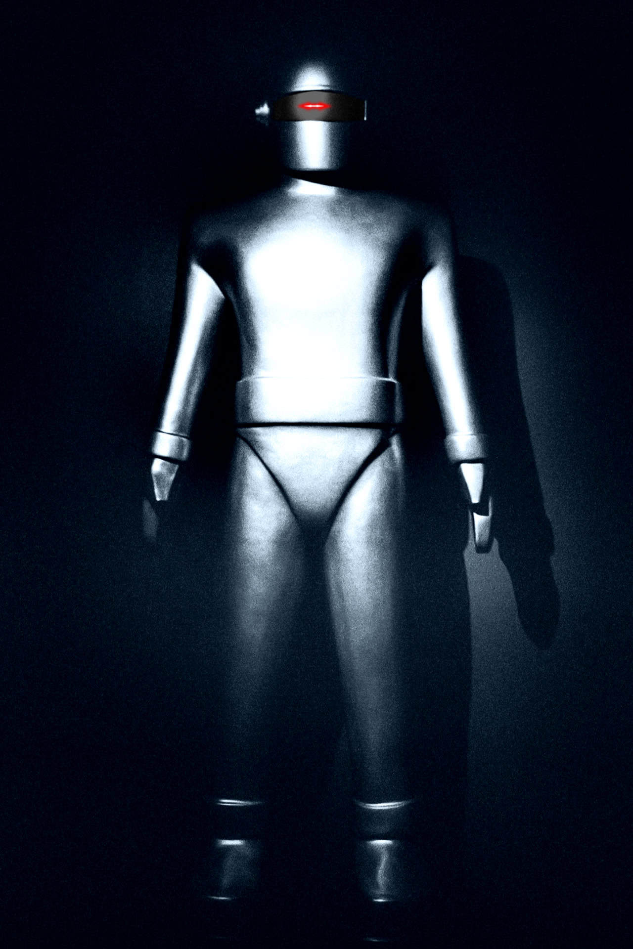Futuristic robot figure with metallic body in dark setting, illuminated to emphasize sleek design and advanced technology for digital art and AI innovation themes.